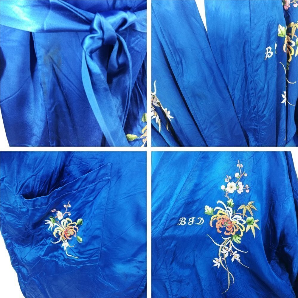 Vintage Silky Kimono Robe Size XL Embroidered Flowers BJD Smoking Jacket Asian - Picture 2 of 12
